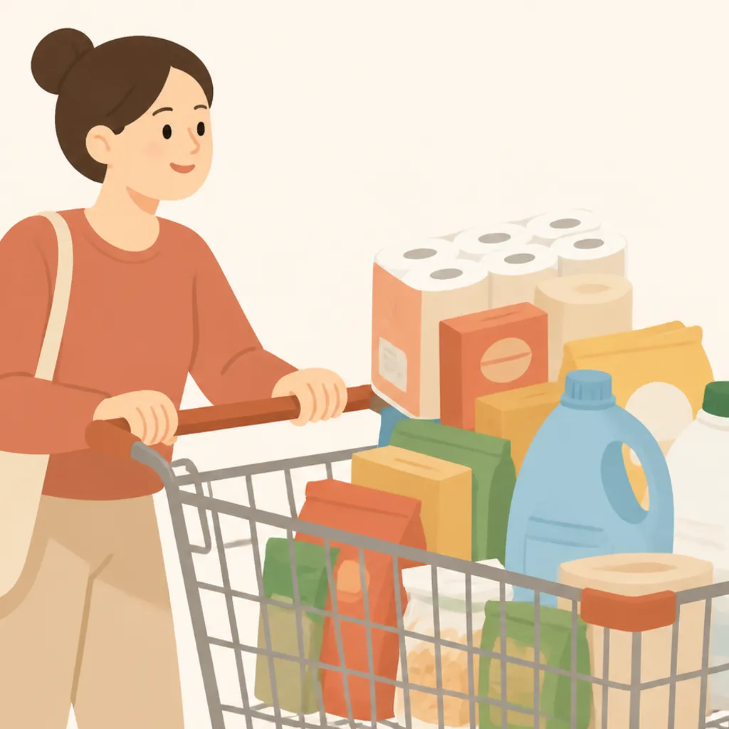 買い物カートに積まれた食品と洗剤のストック