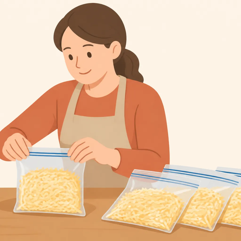 小分けして保存袋に入れた冷凍用のシュレッドチーズ