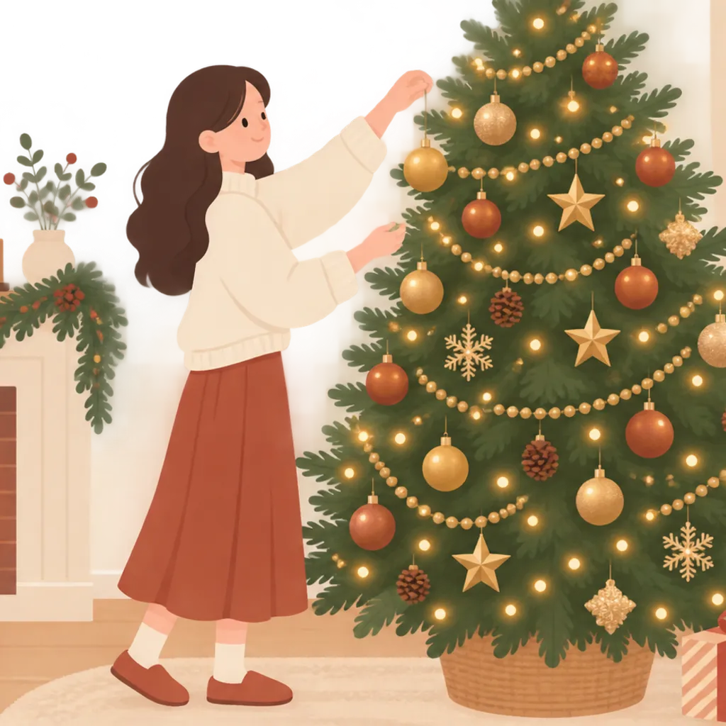 金色のオーナメントを飾った大きなクリスマスツリー