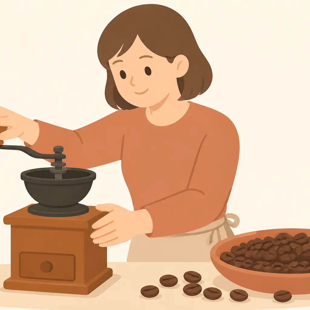 コーヒーミルと深煎りのコーヒー豆