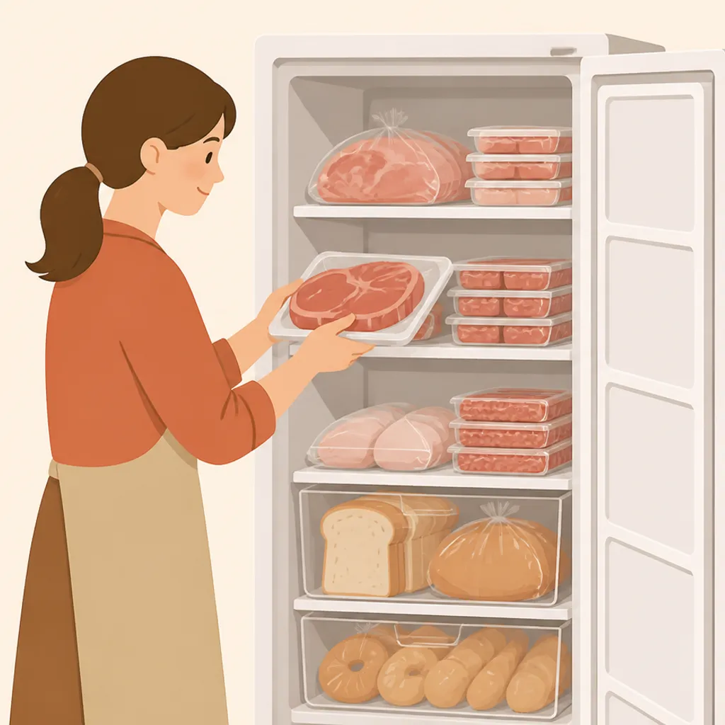 冷凍肉とパンで埋まった冷凍庫の中身