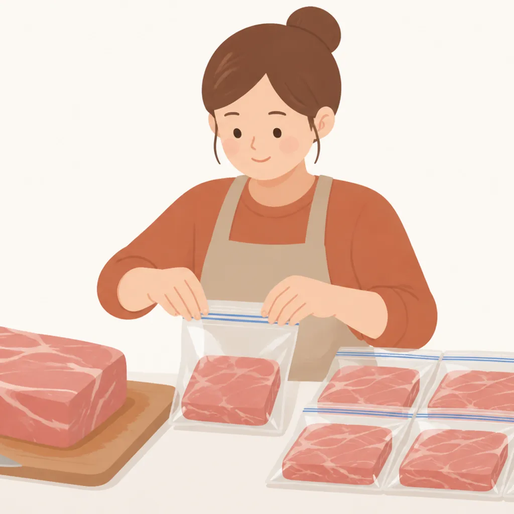 大袋の肉を小分けにして冷凍保存する様子