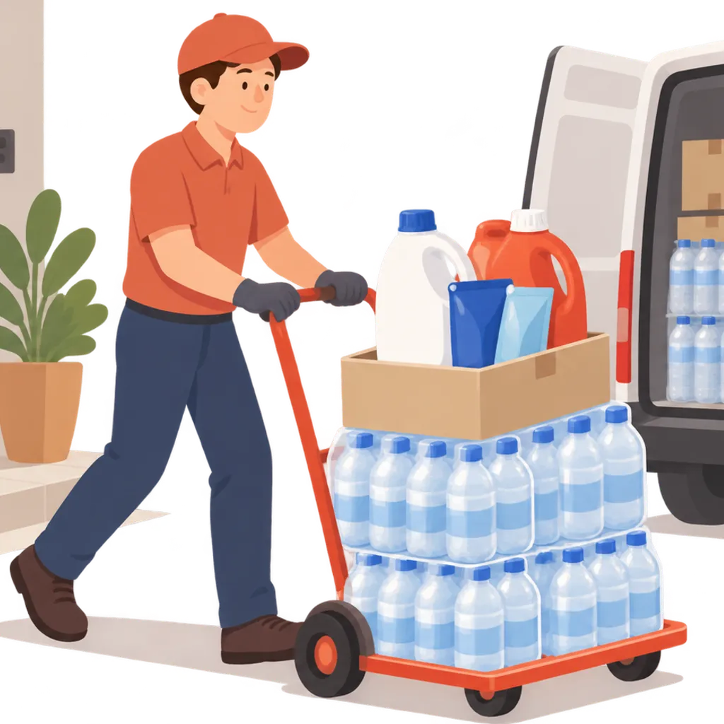 配送される重量のあるまとめ買いの水と洗剤
