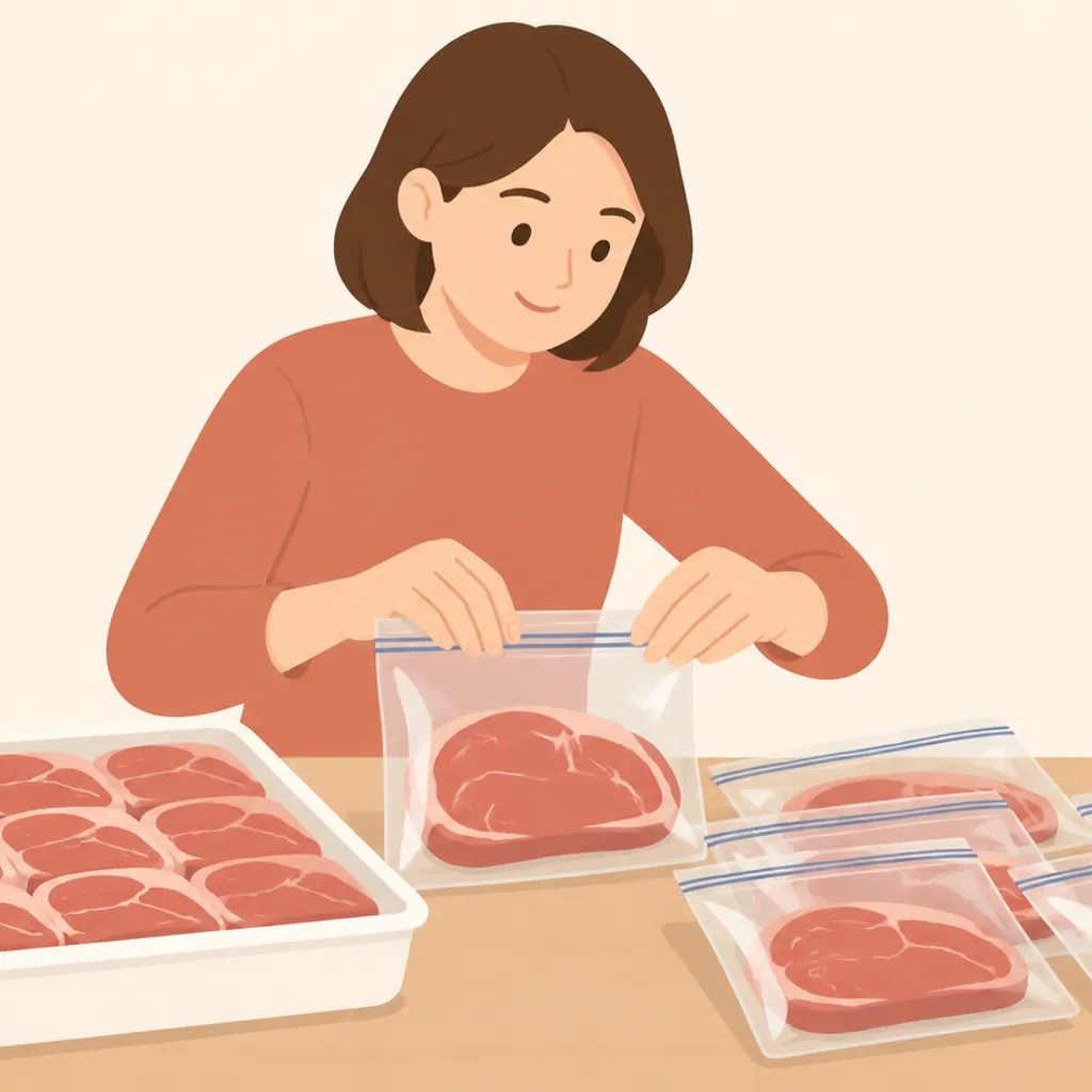 大容量の肉を小分けして冷凍保存する様子
