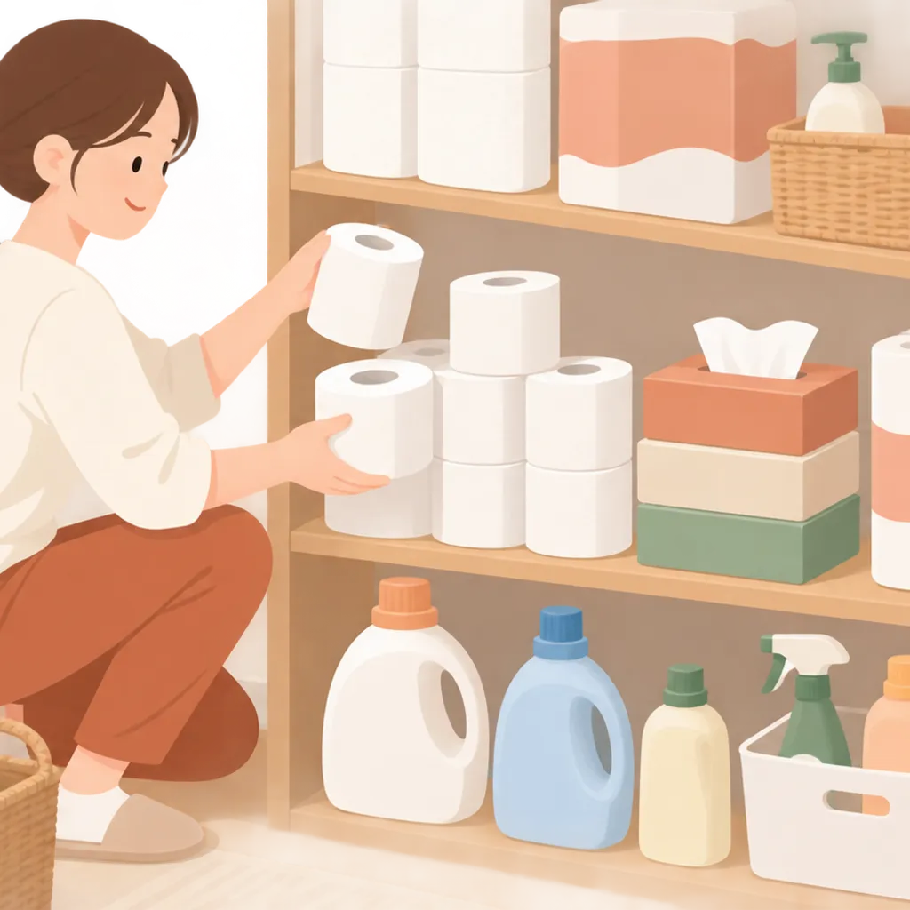 収納棚に整理された大容量の洗剤とペーパー類