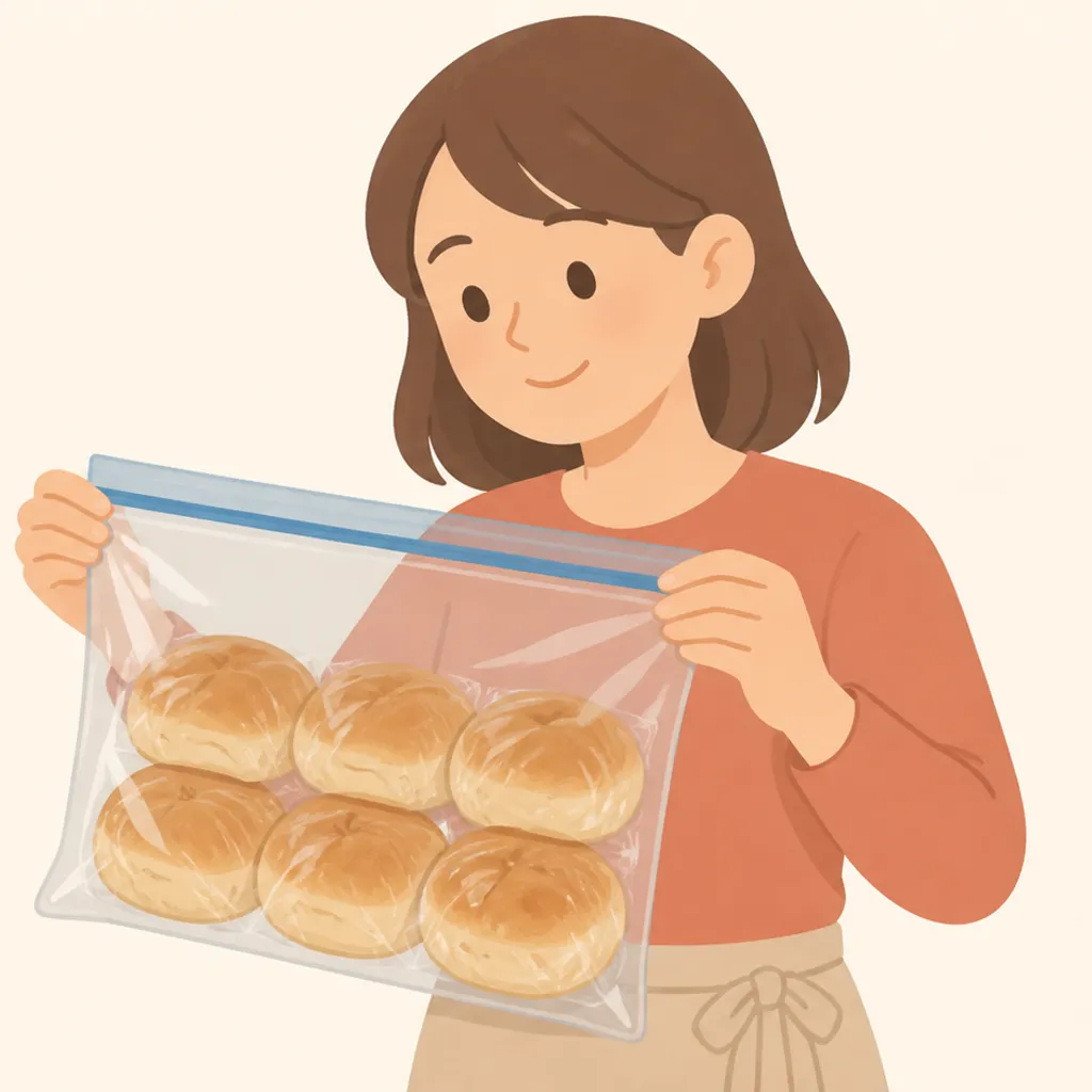 ラップで包んで保存袋に入れた冷凍用のパン