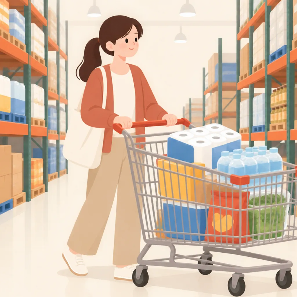 商品が高く積まれた倉庫店の広い通路の棚