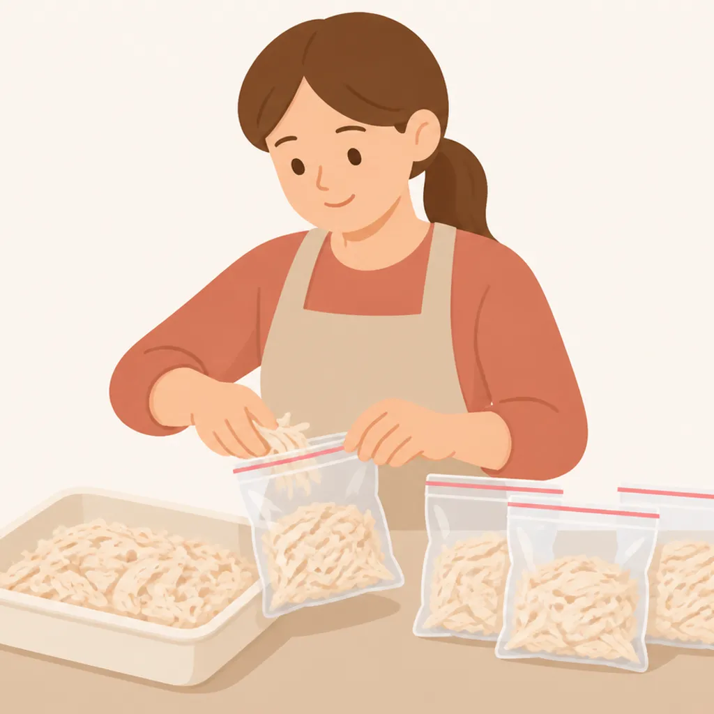 小分けにして冷凍用袋に詰めたほぐしチキン