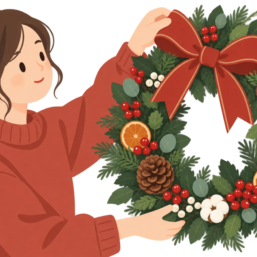 赤い実の飾りがついた大きなクリスマスリース