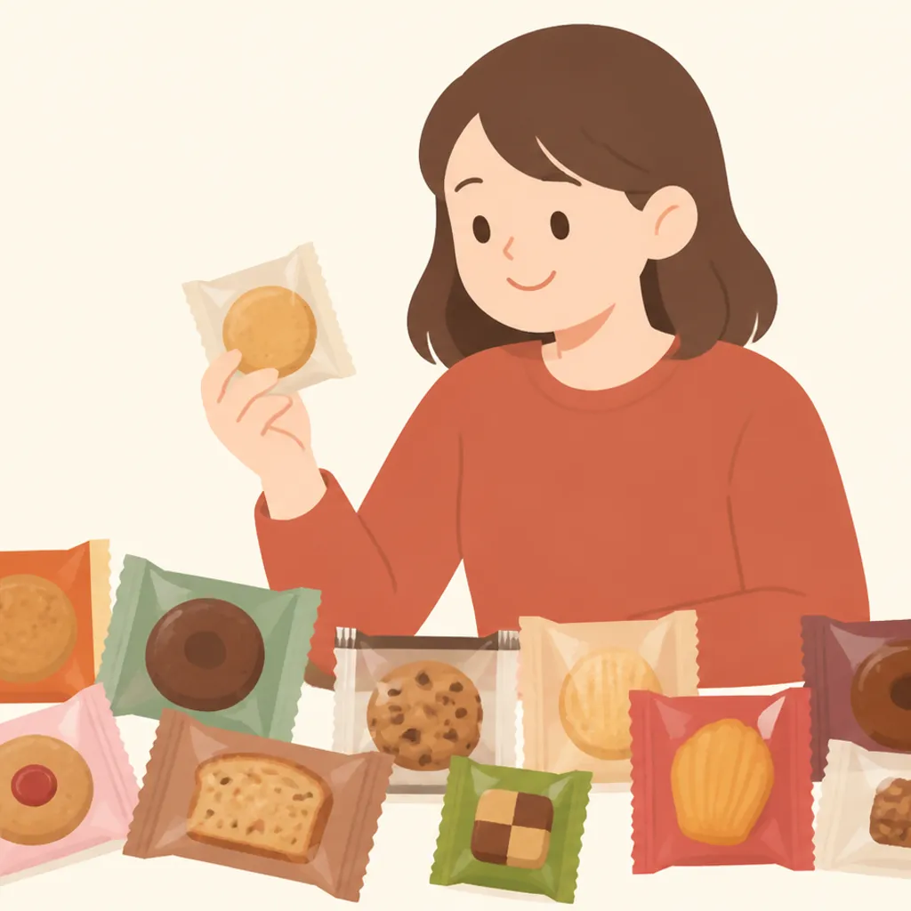 個包装のお菓子が並んでいる様子