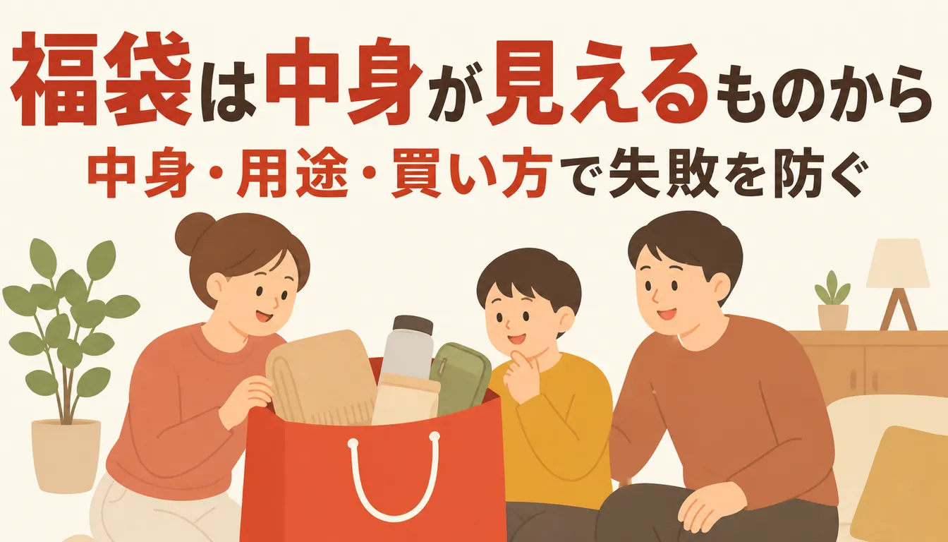 中身が見えている赤い福袋と詰められた雑貨