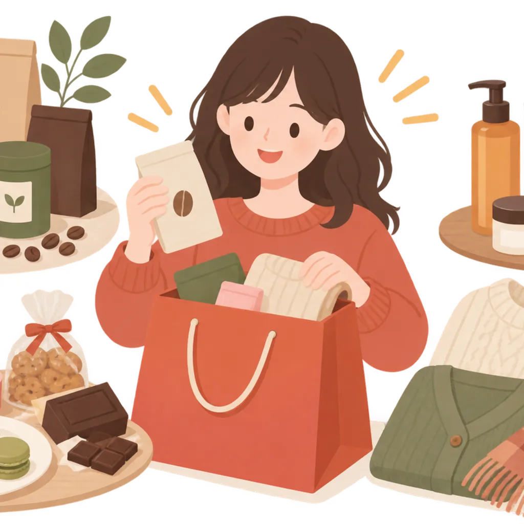 食品やコスメなど品目別に並べた福袋の中身