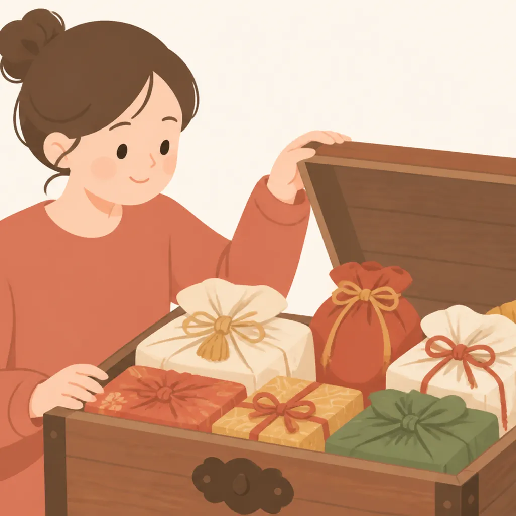 景品が詰まった仙台初売りの茶箱風の福箱