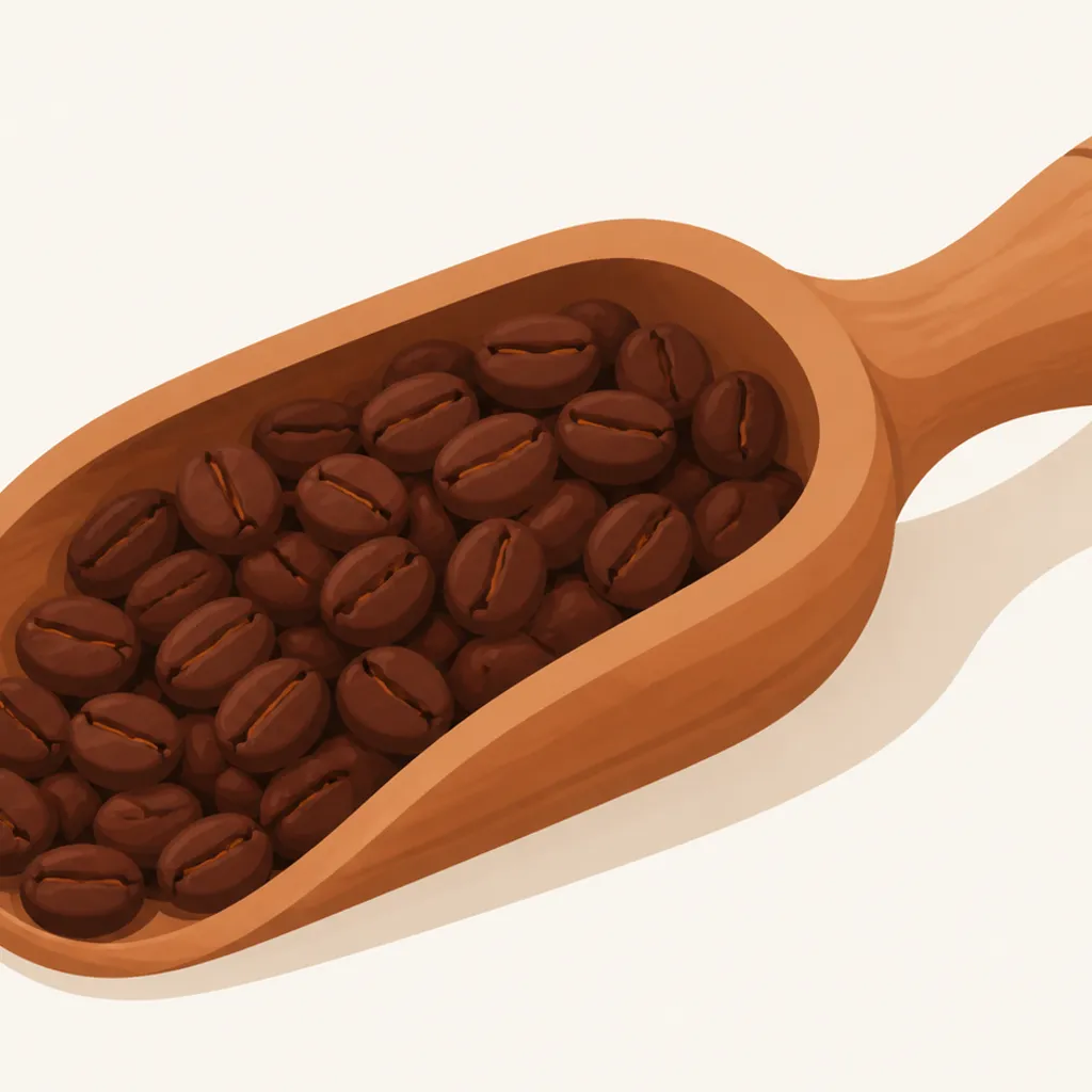 木のスプーンにのった深煎りのコーヒー豆