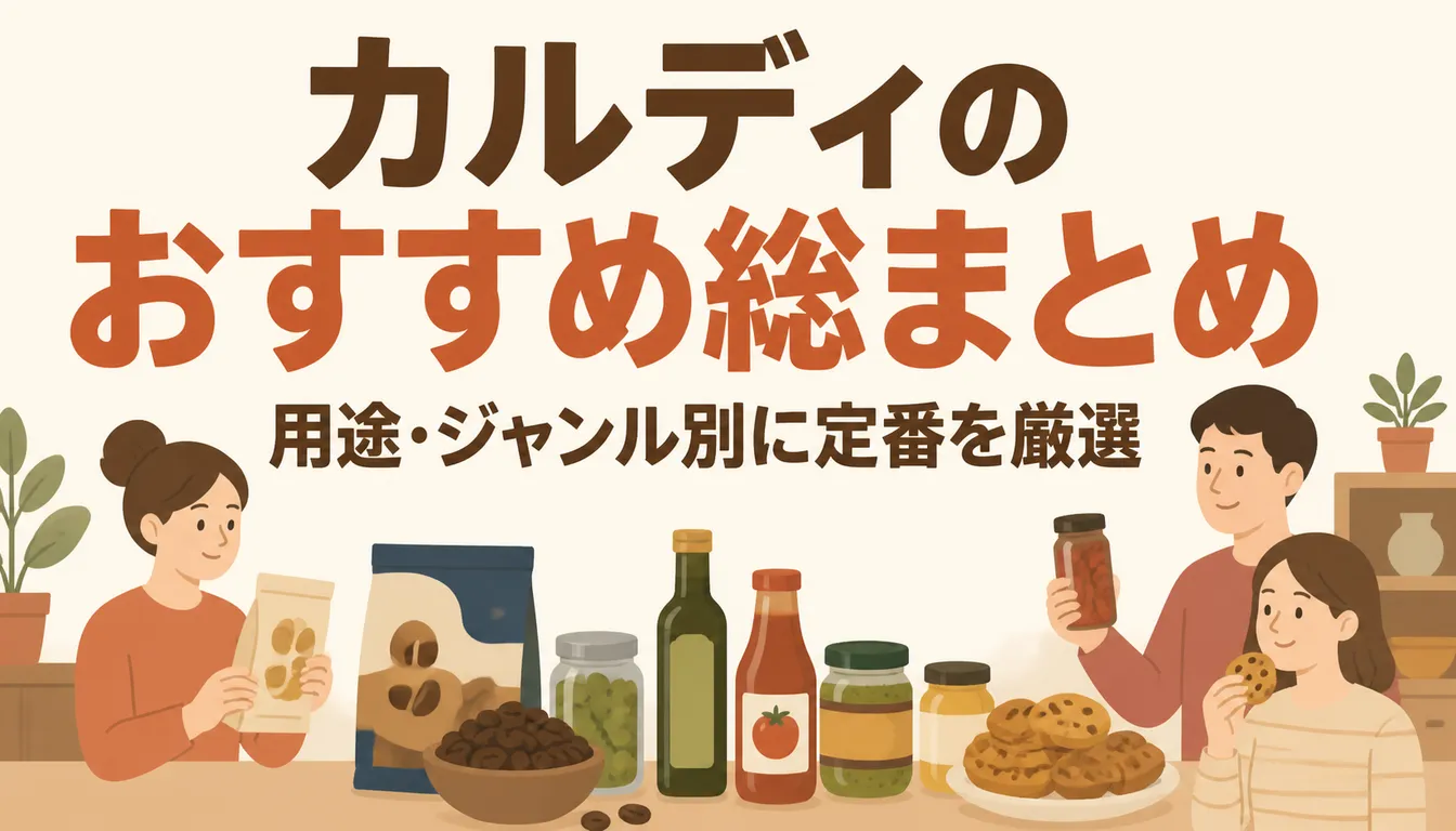 カルディの定番食品やコーヒー豆を並べた様子