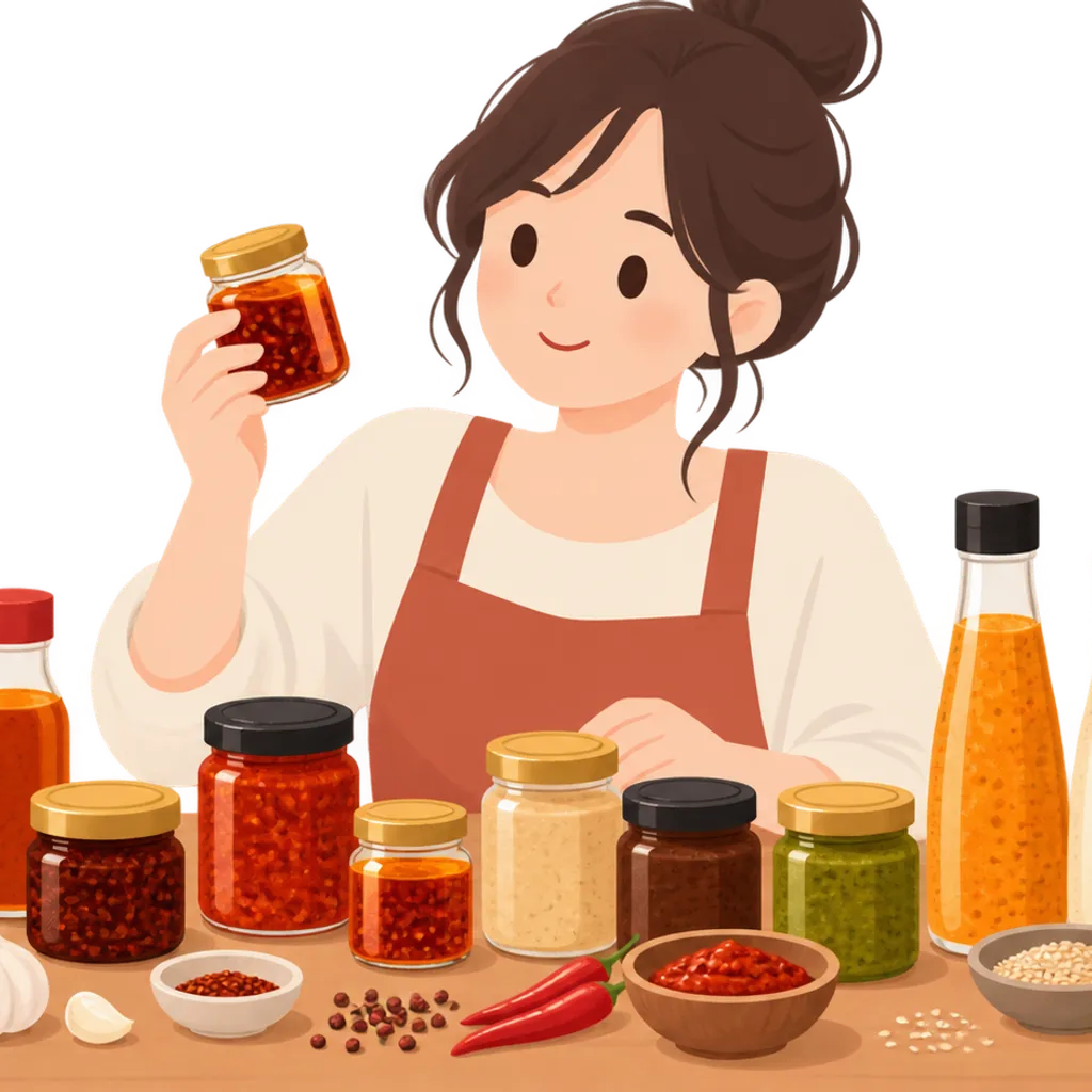 辣油やスパイスペーストなどの調味料が並ぶ様子