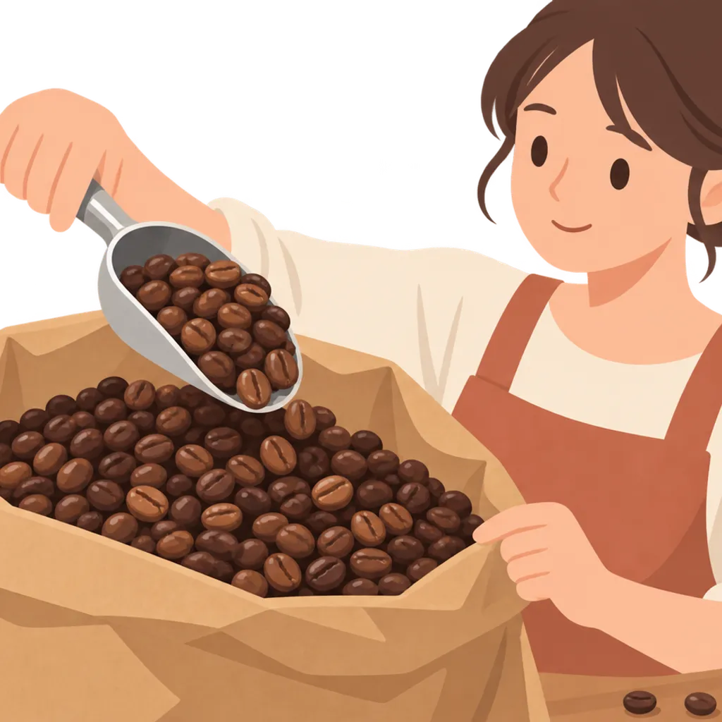 紙袋に入った焙煎コーヒー豆とスプーン