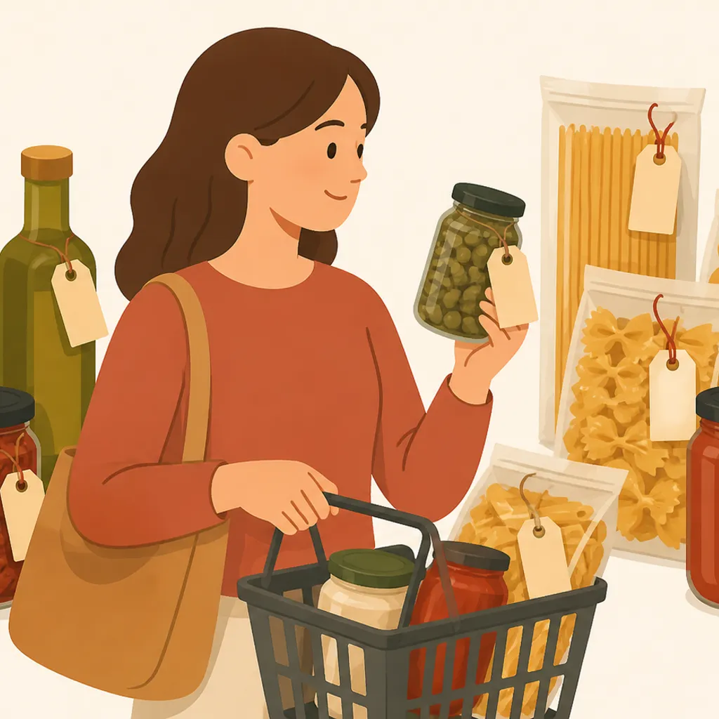割引札の付いた輸入食品の瓶やパスタ