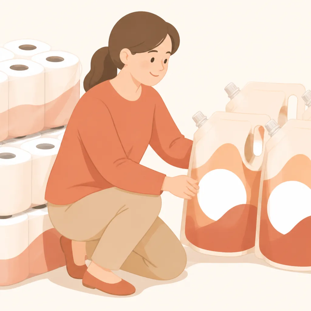まとめ買いしたトイレットペーパーと詰め替え洗剤