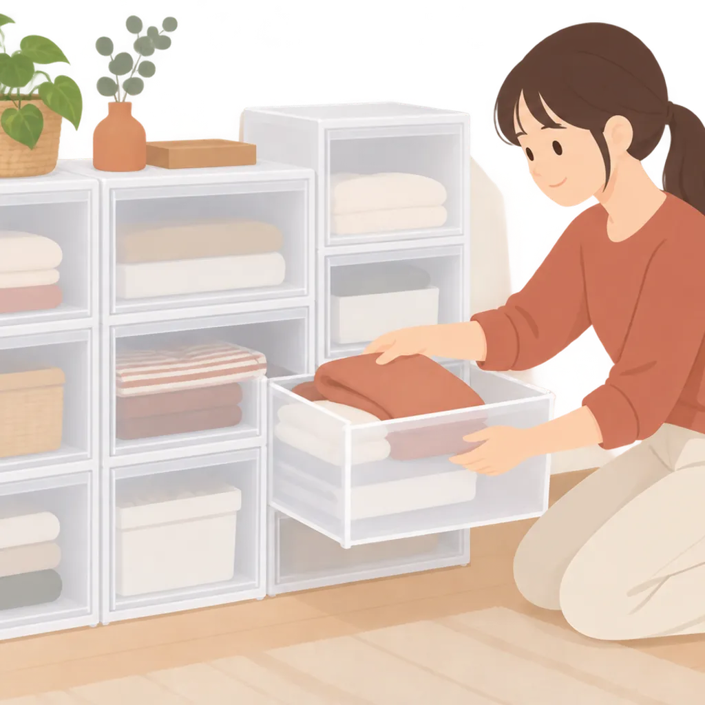 サイズを揃えて積み重ねた半透明の収納ケース