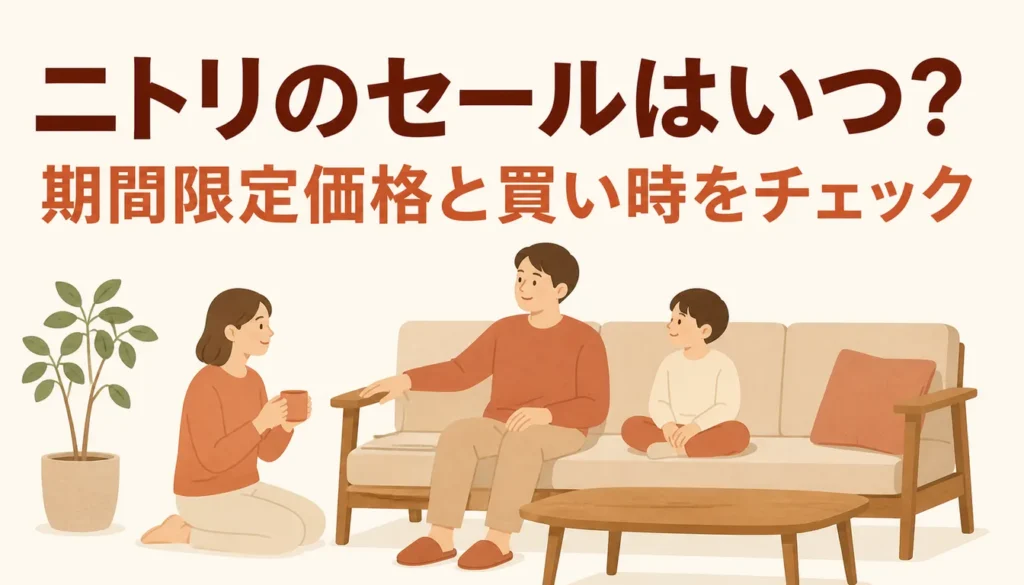 ベージュの布張りソファと木製フレームの家具