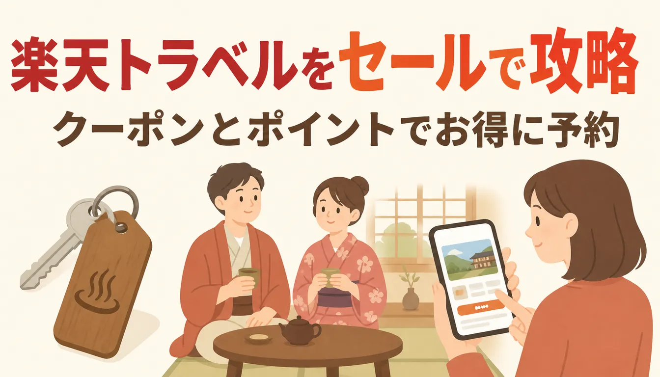 旅館の木札キーとスマホの旅行予約画面