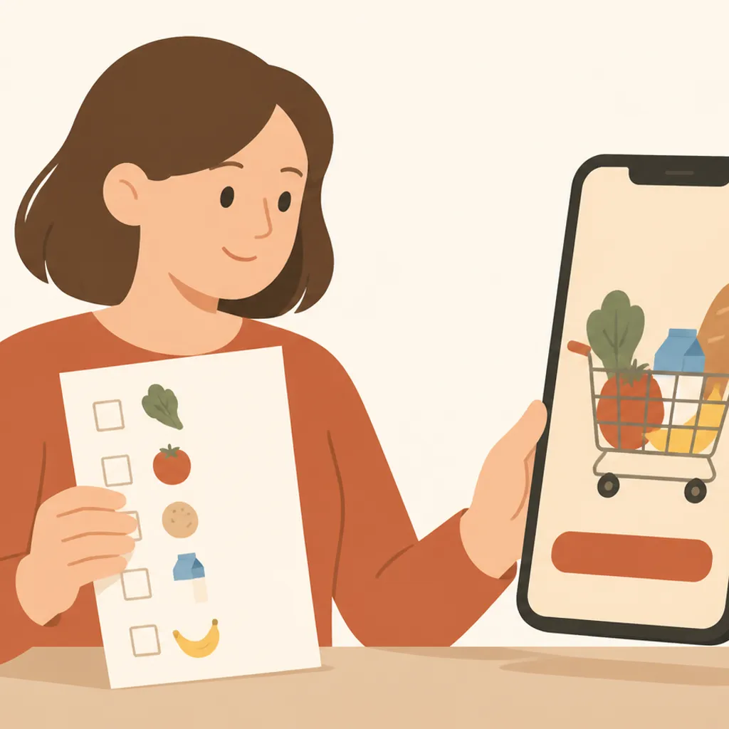 買い物リストとネット通販画面を表示したスマートフォン
